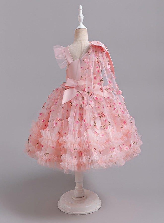 OBEEII Birthday Dress for Baby Girls 3D Flower Baptism Tutu Dress Asymmetric Shoulder Bowknot Princess Party Photoshoot Outfit Formal Prom Pageant Tulle Gown Light Pink-3D Flower 9-12 Months - Image 3